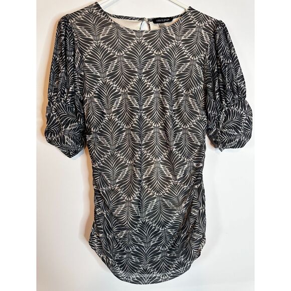 Cable & Gauge Tops - Cable & Gauge Women’s Blouse Medium Black White Leaf Print Puff Sleeve Top